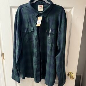 Levi Strauss & Co Mens Flannel Shirt Green Navy Plaid Long Sleeve XXLarge